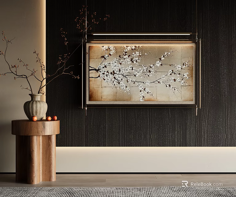 Plant Painting Plum Blossom Branch Hanging on Dark Wooden Wall with Wood Table and Apples 3d model 