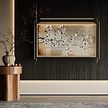 Plant Painting Plum Blossom Branch Hanging on Dark Wooden Wall with Wood Table and Apples