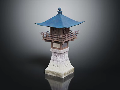 Traditional Japanese Stone Lantern With Blue Roof Wooden Railing And Stone Base 3d model