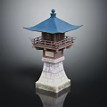Traditional Japanese Stone Lantern With Blue Roof Wooden Railing And Stone Base
