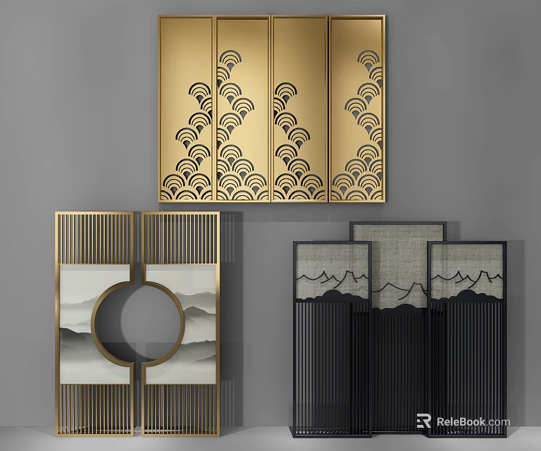Elegant Room Dividers With Golden Cloud Patterns Circular Design And Landscape Art 3d model