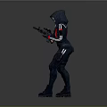 Woman In Hooded Tactical Outfit Holding Rifle Standing Against Gray Background