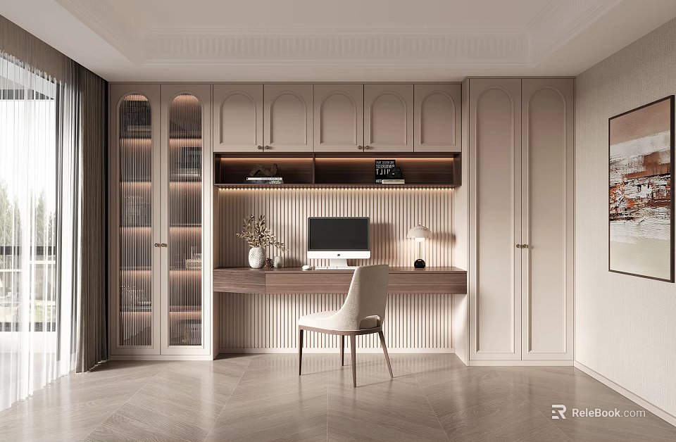 Modern Study Room Desk Interior Design With Computer Lamp And Wooden Bookshelves 3d model 