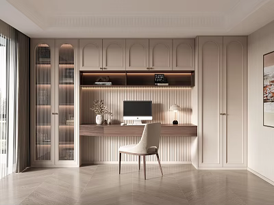 Modern Study Room Desk Interior Design With Computer Lamp And Wooden Bookshelves 3d model
