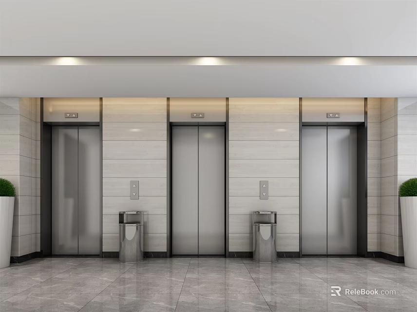 Modern Elevator Lobby Design With Silver Doors Light Wall Tiles And Potted Plants 3d model