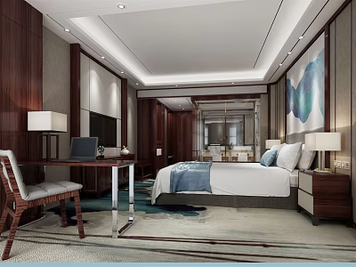 Elegant Modern Hotel Guest Room With Comfortable Bed Desk Chair And Decorative Painting 3d model