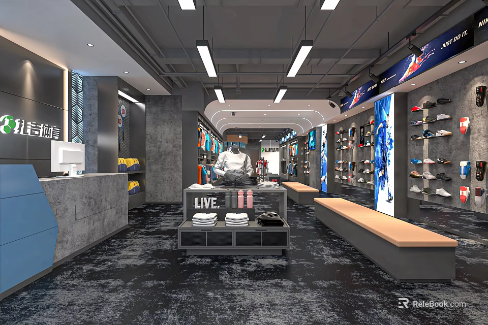 Sports Clothing Store Interior With Sports Apparel Shoes Display Racks And Live Merchandise Area 3d model 