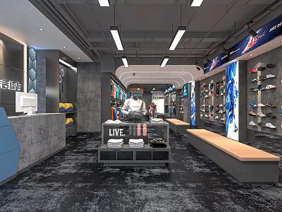 Sports Clothing Store Interior With Sports Apparel Shoes Display Racks And Live Merchandise Area 3d model