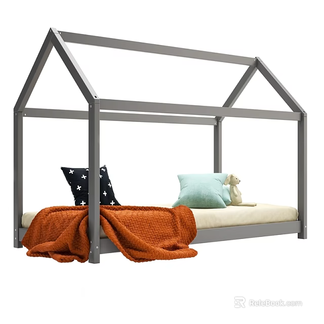 Gray House Single Bed Frame With Navy Star Light Blue Pillows Stuffed Toy Orange Blanket 3d model 