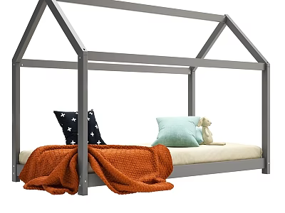 Gray House Single Bed Frame With Navy Star Light Blue Pillows Stuffed Toy Orange Blanket 3d model