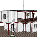 White Two Story Container Building With Balcony And Sunset Backdrop