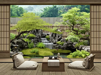 Tranquil Japanese Garden Scene With Rock Waterfall Wooden Fence Green Plants And Tatami Seats 3d model