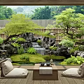 Tranquil Japanese Garden Scene With Rock Waterfall Wooden Fence Green Plants And Tatami Seats