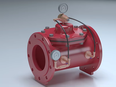 Red Industrial Valve With Pressure Gauges And Flange Piping Components 3d model