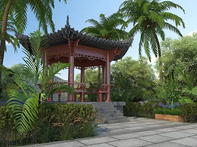 Chinese Style Pavilion Garden Landscape With Palm Trees Stone Path And Steps 3d model