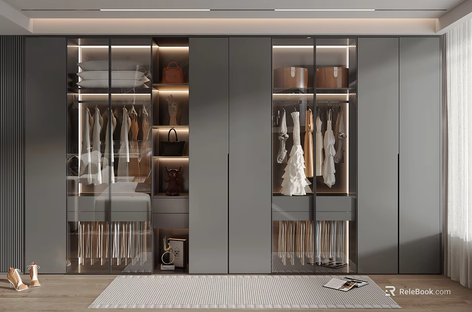 Modern Gray Wardrobe With Glass Doors Illuminated Interior Hanging Clothes And Bag Storage 3d model 