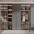Modern Gray Wardrobe With Glass Doors Illuminated Interior Hanging Clothes And Bag Storage