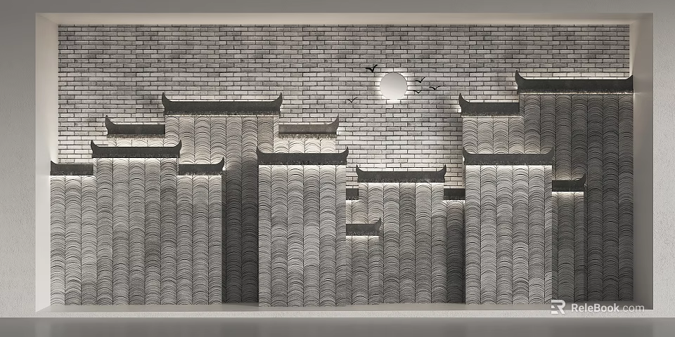 Traditional Background Wall With Brick Texture And Eaves Design Featuring Moon And Flying Birds 3d model 