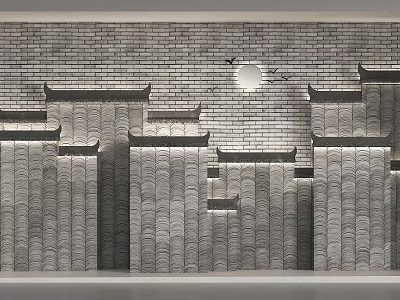 Traditional Background Wall With Brick Texture And Eaves Design Featuring Moon And Flying Birds 3d model