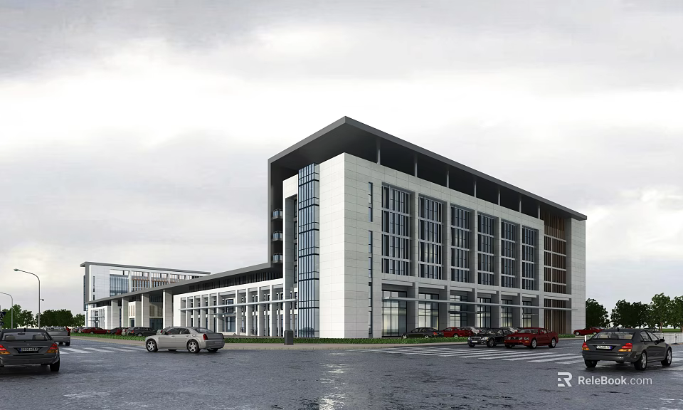 Modern Multi Story Office Building With Glass Curtain Walls And Parking Area 3d model 
