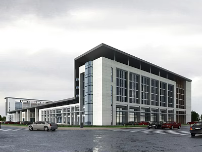 Modern Multi Story Office Building With Glass Curtain Walls And Parking Area 3d model
