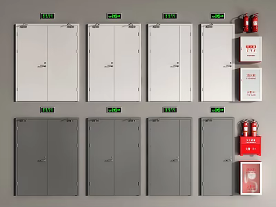 Various Double Doors In White And Gray Colors With Safety Equipment 3d model