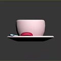 Pink Beverage With Latte Art In Cup On Pink Saucer Blue Spoon And Pink Dessert