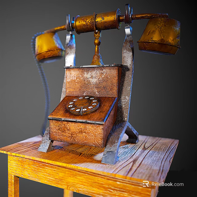Vintage Retro Rotary Dial Telephone With Wooden Base Metal Frame And Leather Surface Design 3d model 