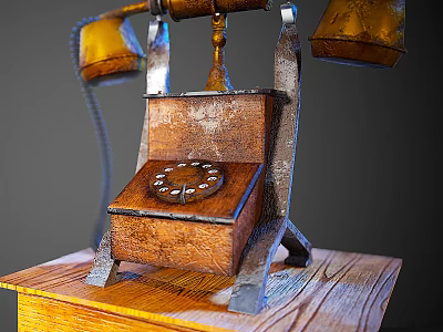 Vintage Retro Rotary Dial Telephone With Wooden Base Metal Frame And Leather Surface Design 3d model
