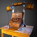 Vintage Retro Rotary Dial Telephone With Wooden Base Metal Frame And Leather Surface Design
