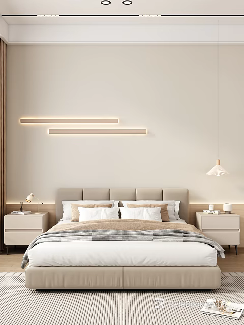 Modern Bedroom Interior With Light Colored Walls Wall Light Strips Headboard And Pendant Lamp 3d model 