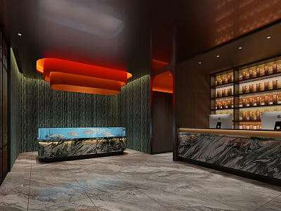 Modern Restaurant Interior With Orange Pendant Lights Marble Bar And Wine Racks 3d model