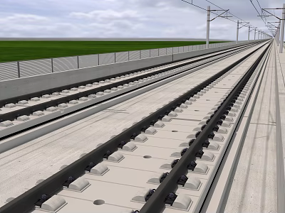 High Speed Rail Railway Tracks With Overhead Lines Green Field And Sky Infrastructure 3d model