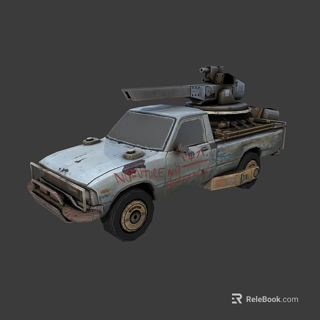 Rusty Pickup Truck With Mounted Turret And Weathered Graffiti Exterior 3d model 
