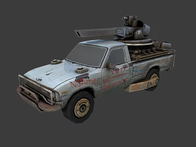 Rusty Pickup Truck With Mounted Turret And Weathered Graffiti Exterior 3d model