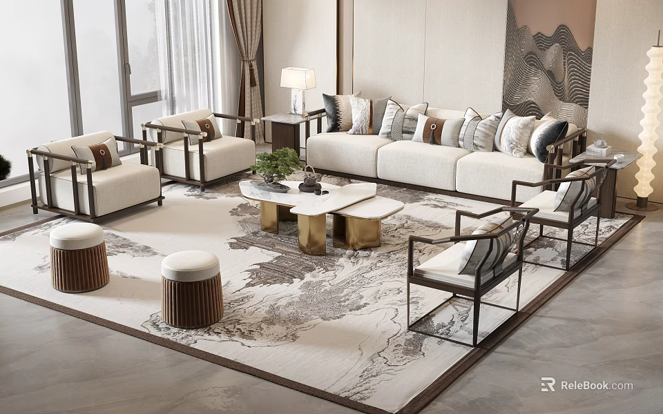 Modern Living Room Sofa Coffee Table Set With Patterned Rug Accent Chairs And Pillows 3d model 