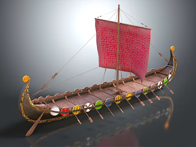 Viking Style Wooden Ship With Red Sail Dragon Head Colorful Shields And Rowing Oars 3d model