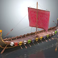 Viking Style Wooden Ship With Red Sail Dragon Head Colorful Shields And Rowing Oars