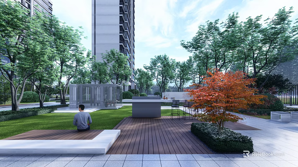 Modern Garden Wall Design In Landscaped Residential Area With Green Lawn Trees And Seating 3d model 