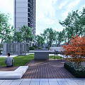 Modern Garden Wall Design In Landscaped Residential Area With Green Lawn Trees And Seating