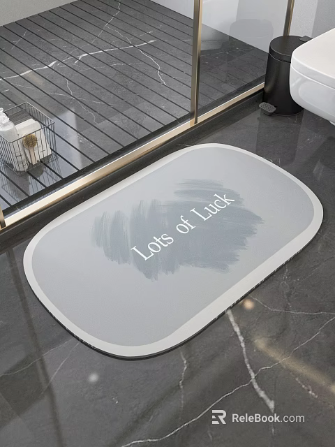Bathroom Decorative Oval Light Gray Mat With Lots of Luck Text On Marble Floor 3d model 