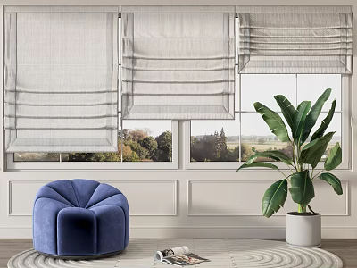 Light Gray Linen Roman Blinds For Window With Blue Velvet Armchair Potted Plant And Greenery 3d model
