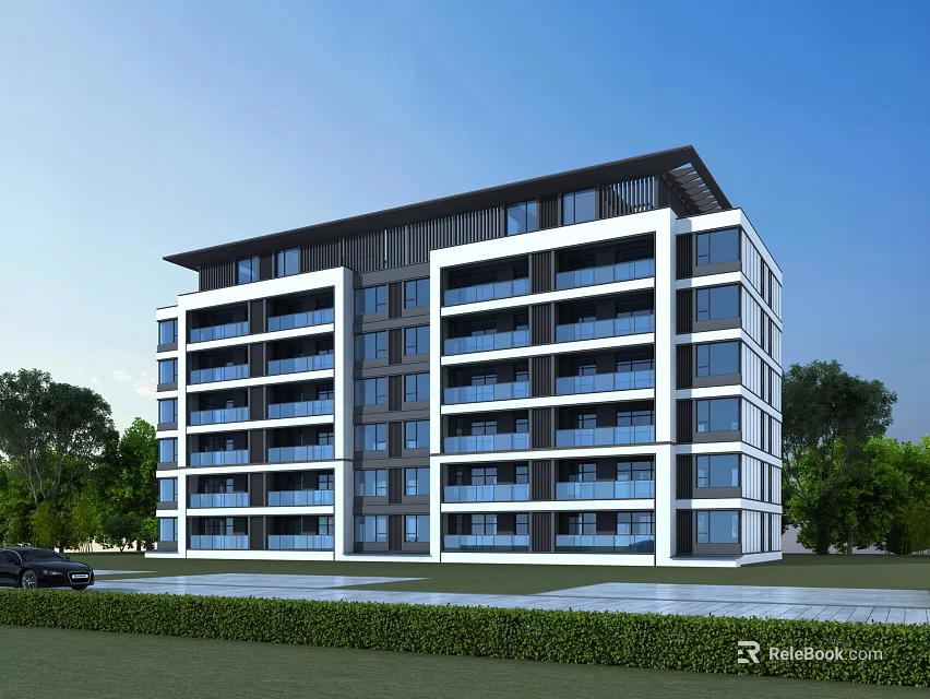 Modern Multi Storey Residential Building With Balconies Lush Lawn And Green Trees 3d model 