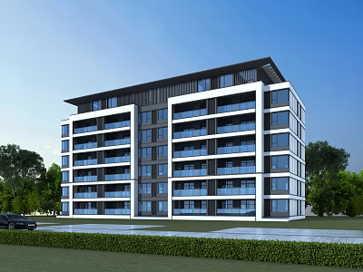 Modern Multi Storey Residential Building With Balconies Lush Lawn And Green Trees 3d model