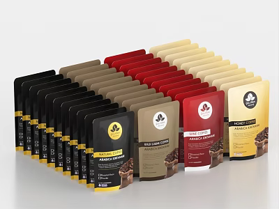 Colorful Coffee Bags With Dark Roast Labels Arranged Neatly In Rows On White Background 3d model