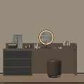 Brown Wooden Dressing Table With Grey Drawers Illuminated Round Mirror And Brown Stool