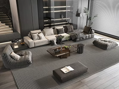 Modern Living Room Sofa And Coffee Table Set With Ottoman And Area Rug 3d model