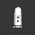 White Robot Character Featuring Round Head Black Lens Mechanical Arms Small Wheels On Dark Background