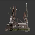 Medieval Style Building Structure With Wooden Tower Gabled Roof Staircase Platform And Windows