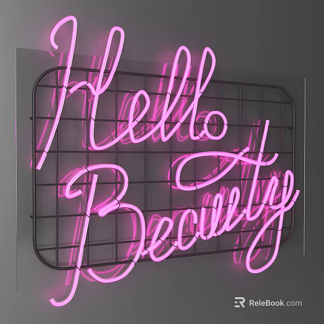 Pink Decorative Neon Lights With Hello Beauty Lettering And Black Grid Frame 3d model 